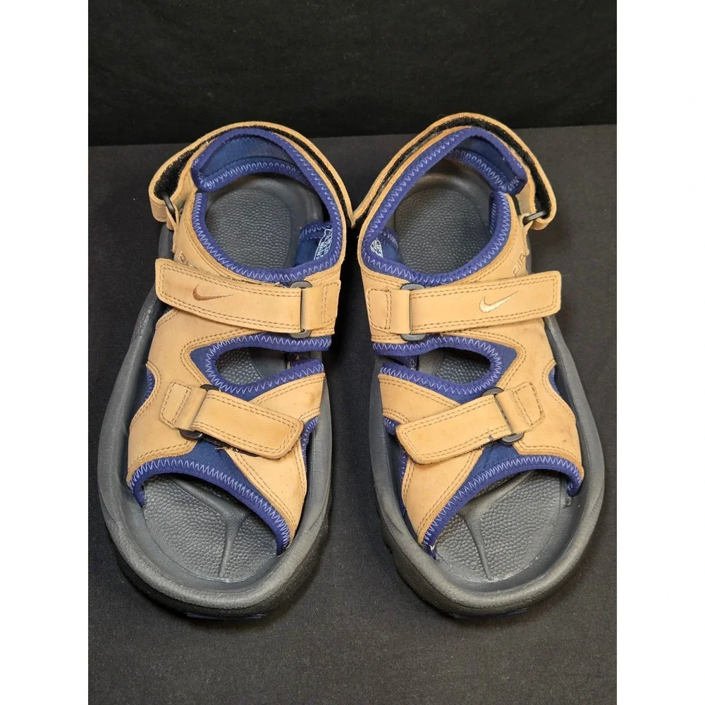 Nike Air Golf Sandals Womens 10 Tan Navy Blue Leather Spiked 302135-221